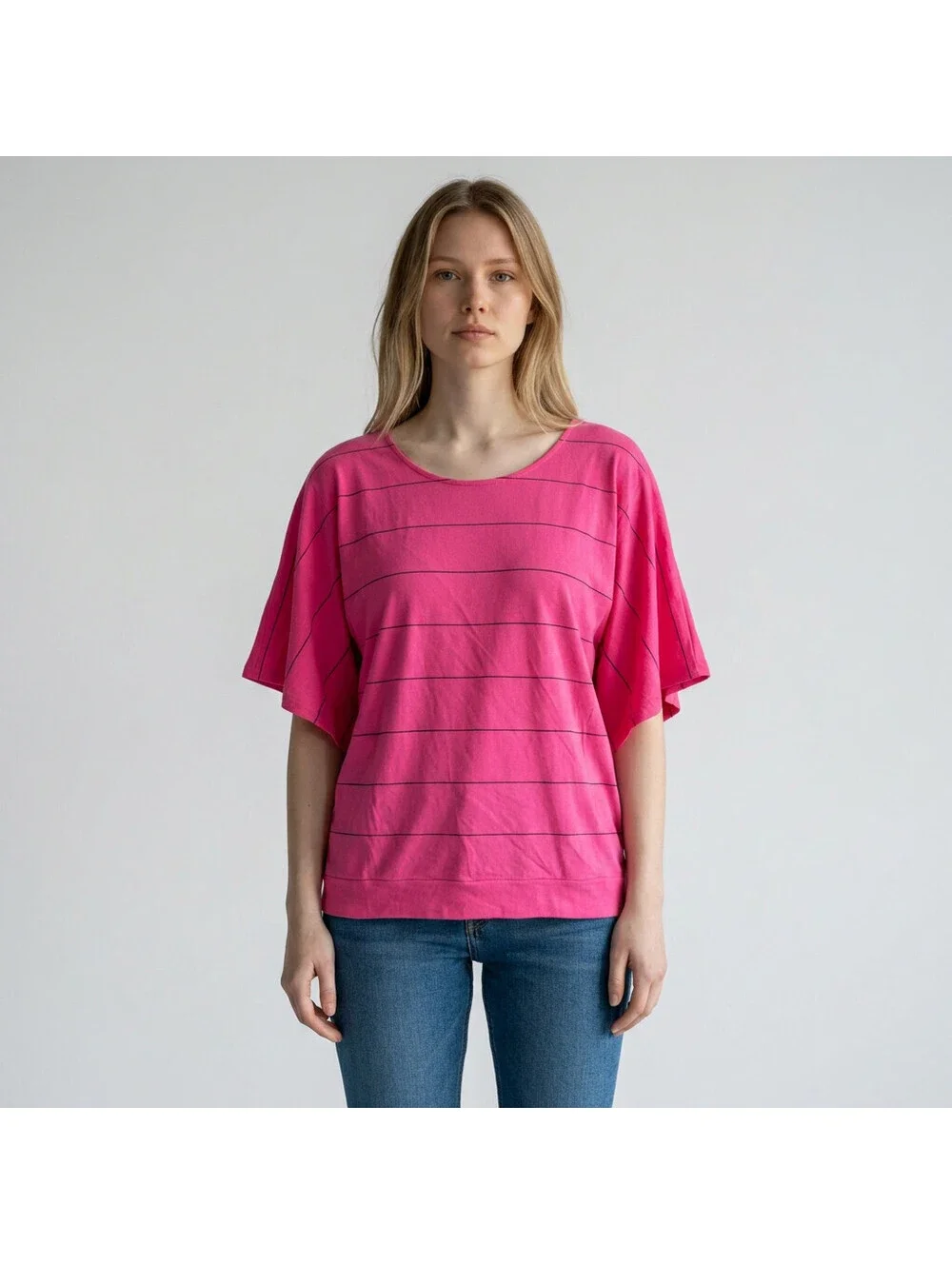 New Canyon River Blues T-Shirt Women L Large Pink Striped Short Sleeve Cotton